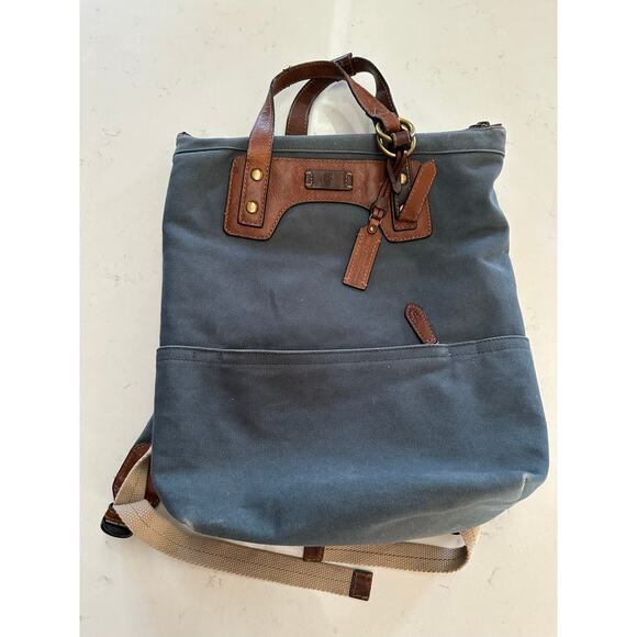 Crate and Barrel x FRYE Blue-Grey Canvas brown leather Backpack org $228.00 - Picture 1 of 16